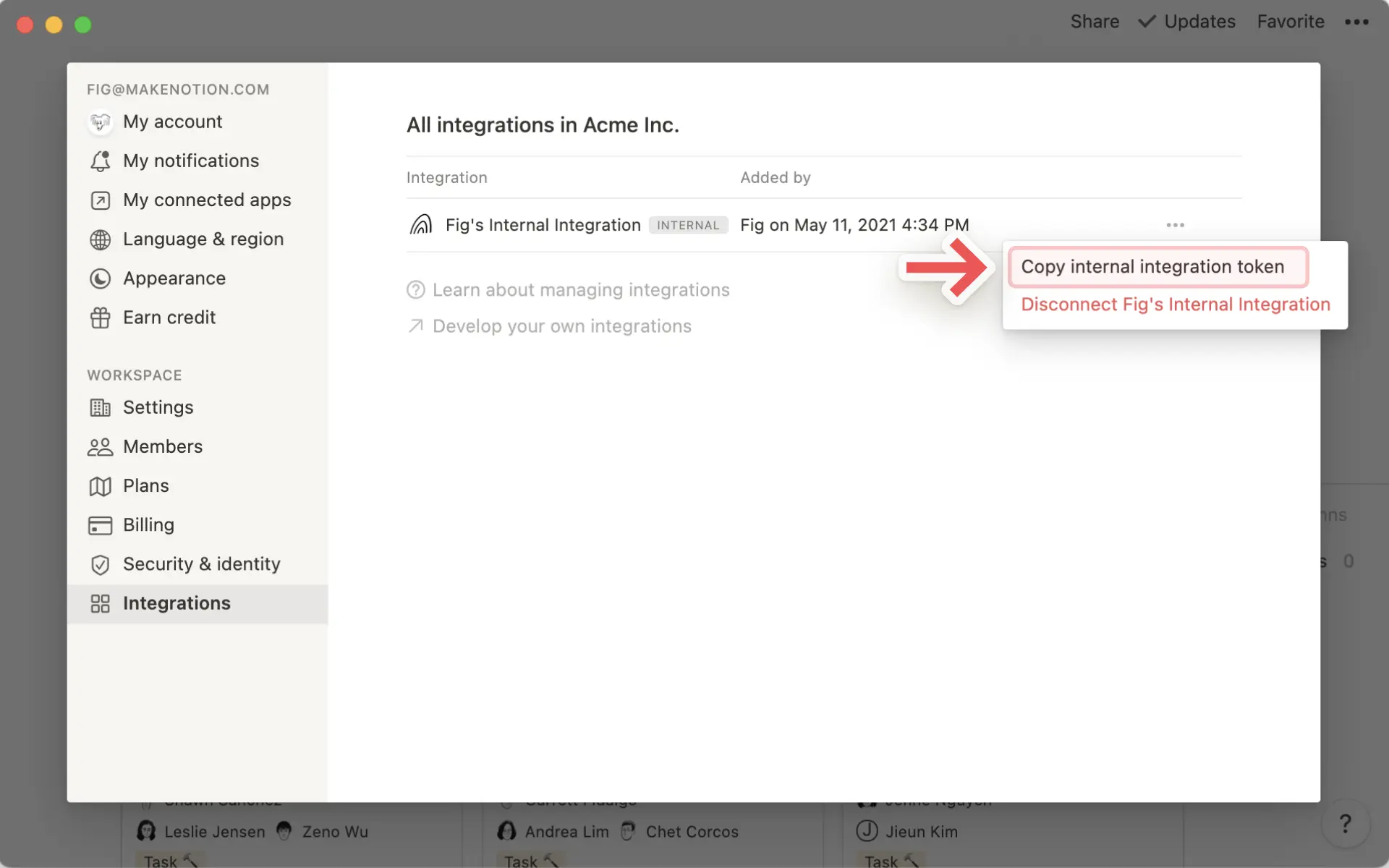 Add & manage connections - internal connection token