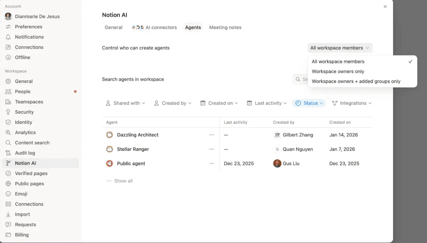 Configuración de creación de agentes dentro de la IA de Notion.
