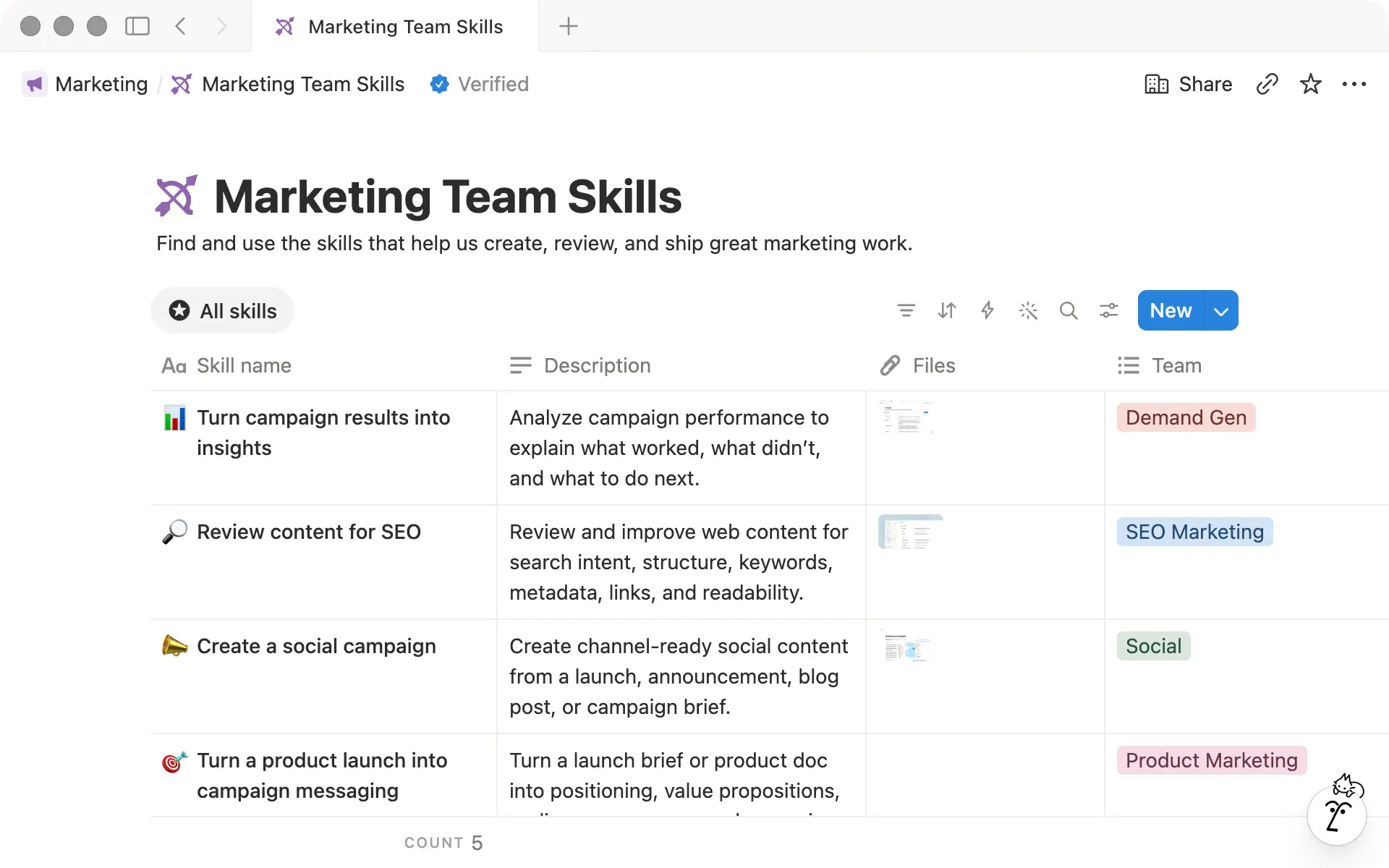Every skill includes Description, Files, and Tags by default. Add other properties to help your team organize and manage them.