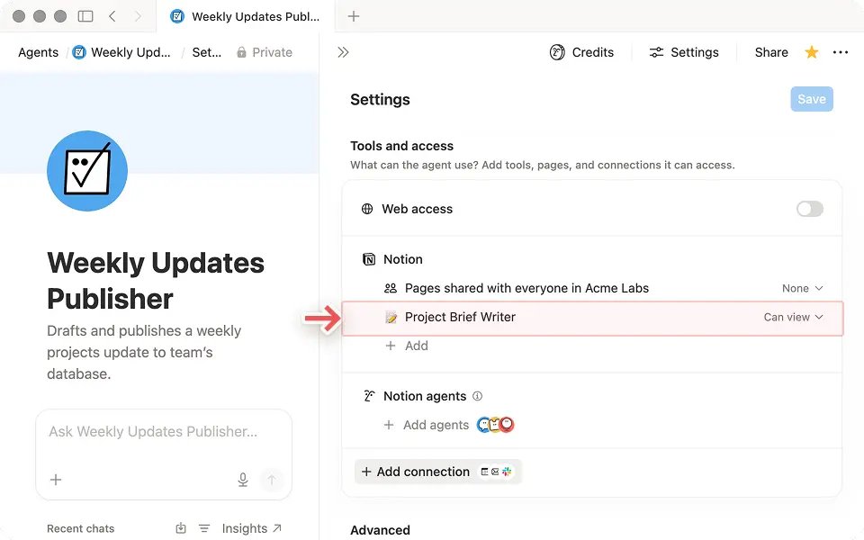 Add the skill page under Tools and access, then mention when to use it in the instructions.