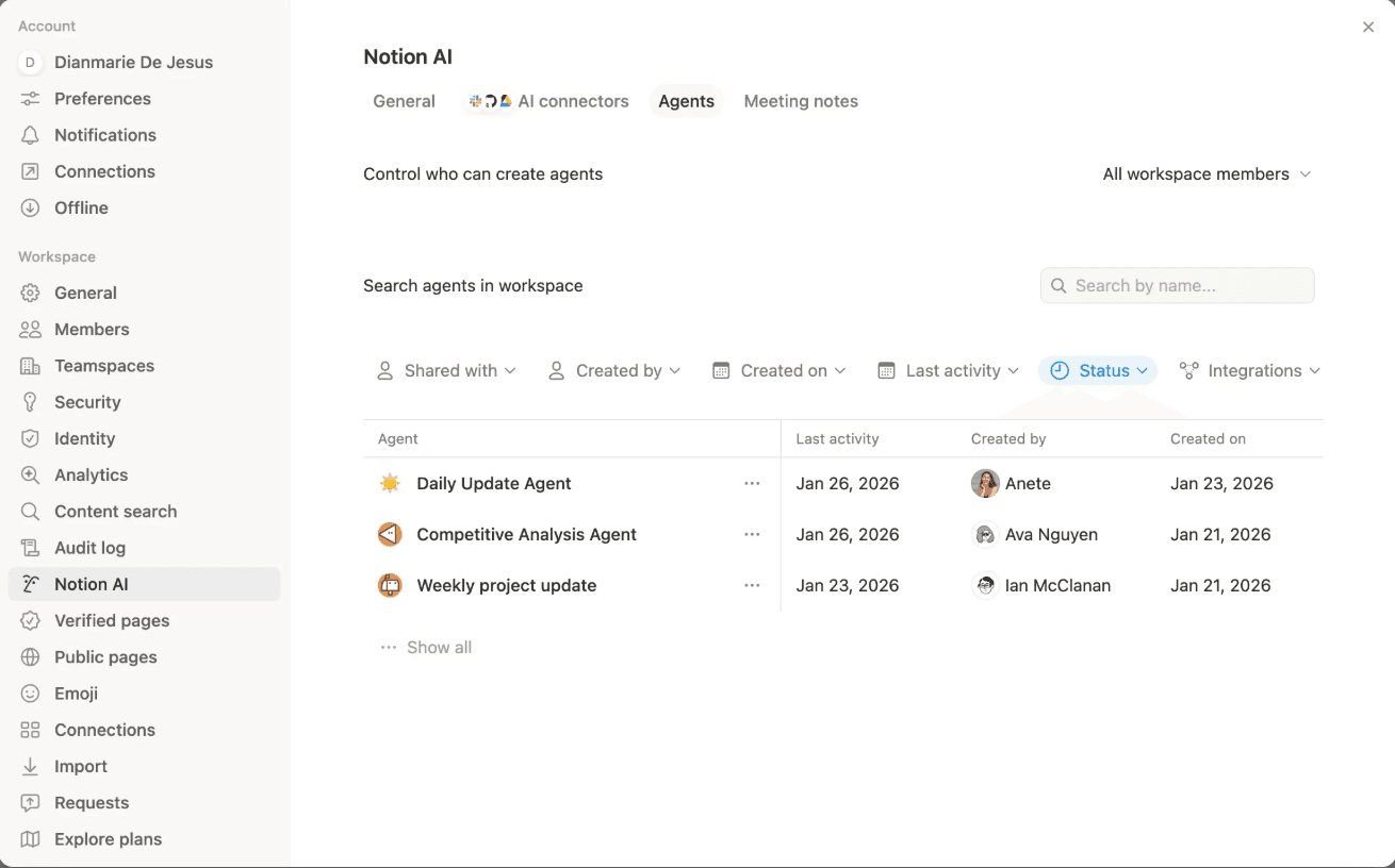 Imagen del directorio de agentes dentro de la IA de Notion.