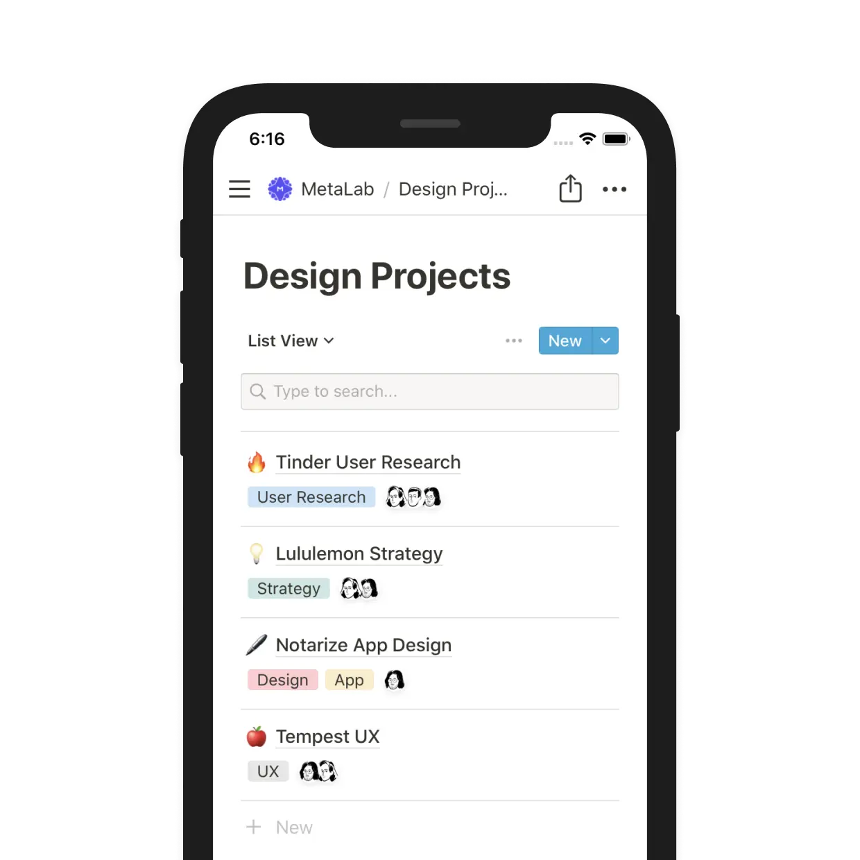 Design projects are tracked and tagged in a Notion database.