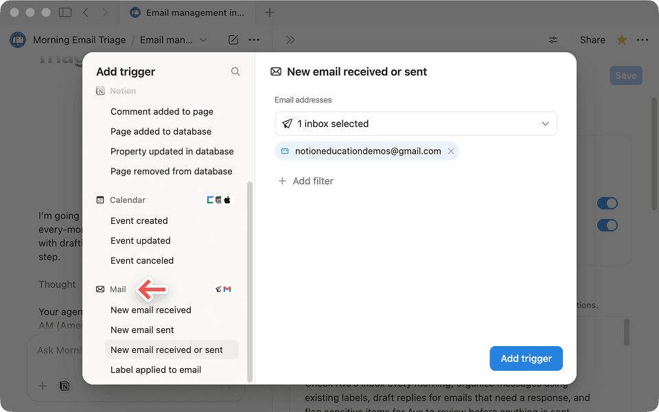 Mail agent trigger