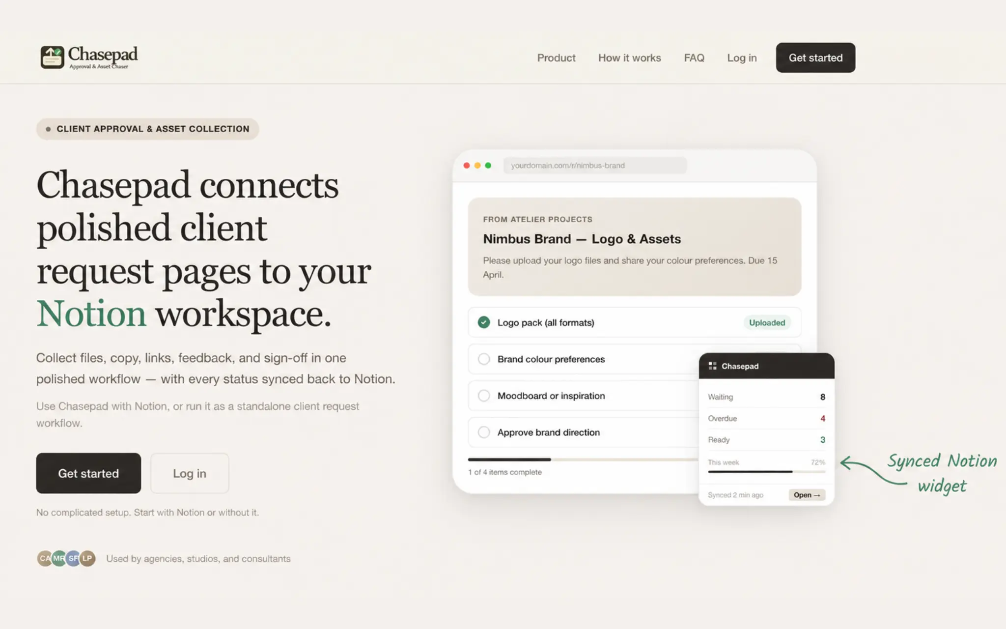 Collect files, approvals, and client responses in one polished workflow synced to Notion.